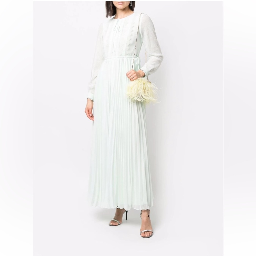Self-Portrait Mint Chiffon and Fine Lace Pleated Dress